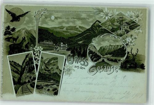 6292 Finkenberg 1909 Lithographie / Mondschein Hotel u. Bahnhof Ostatterboden m. Tamischbachturm Gesäuse Hess Hütte