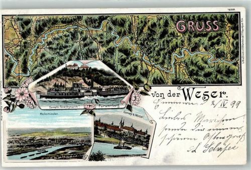 Fürstenberg 1899 Landkarten Weser Raddampfer Fürst Bismarck Holzminden Corvey bei Höxter
