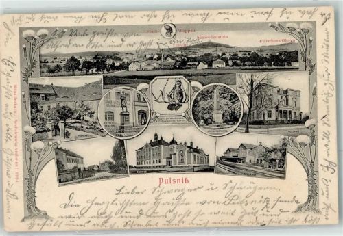 Pulsnitz 1904 Schule Bahnhof Postamt Kriegerdenkmal Pfarrhäuser Amtsgerich a. Wettinplatz Rietschel Denkmal