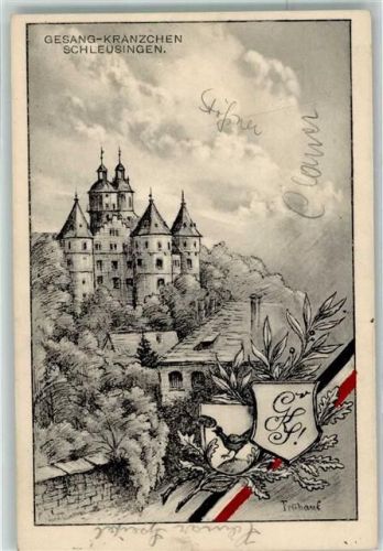 Schleusingen 1912 Gesang-Kränzchen Schloß Bertholdsburg Studenten-Wappen Studentika sign. Frühauf
