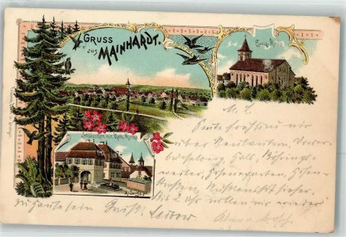 74523 W7173 Mainhardt 1900 Lithographie Ev. Kirche Schlösschen Kath. Kirche