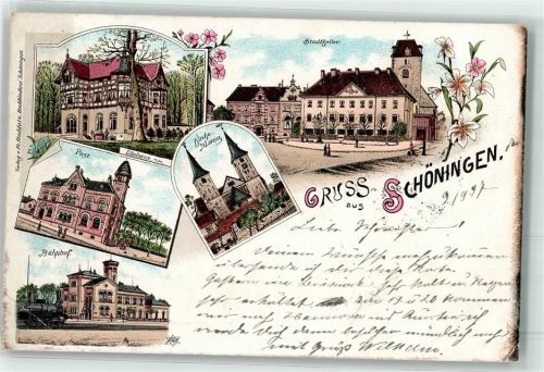 Schöningen 1897 Post Kirche St. Lorenz Bahnhof Stadtkeller Litho