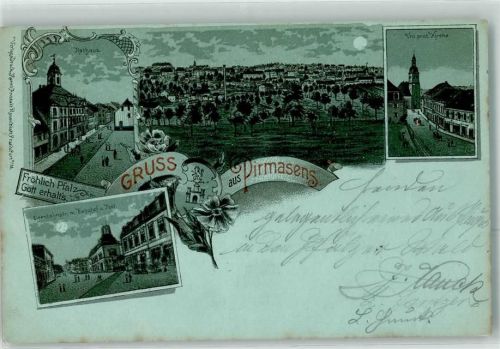 Pirmasens 1901 Rathaus Unt. prot. Kirche Eisenbahnstraße Bahnhof Post