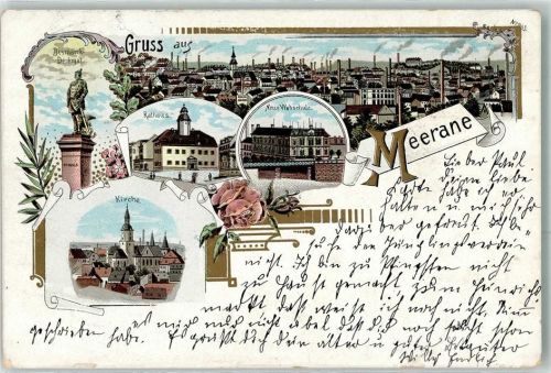 Meerane 1899 Bahnpost Glauchau Gera Zug 2290 28.5.99 Bismarck Denkmal Rathaus Kirche neue Weberschule