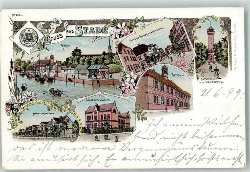 21680 W2160 Stade , Niederelbe 1899 Lithographie Volksschule Hafen Rathaus Aussichtsturm Wappen