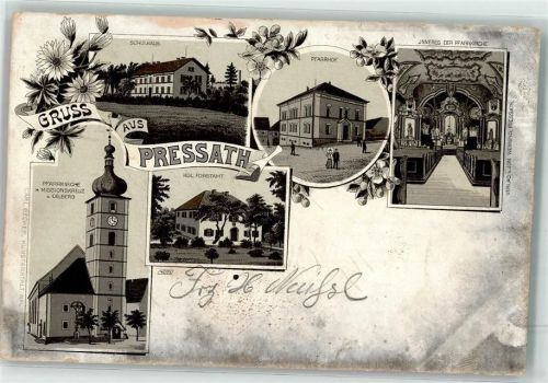 Pressath 1900 Schulhaus Pfarrhof Pfarrkirche Missionskreuz Oelberg Kgl. Forstamt