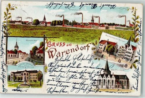 Warendorf 1898 Marktplatz Rathaus Lehrer Seminar Münstertor seltene Lithographie