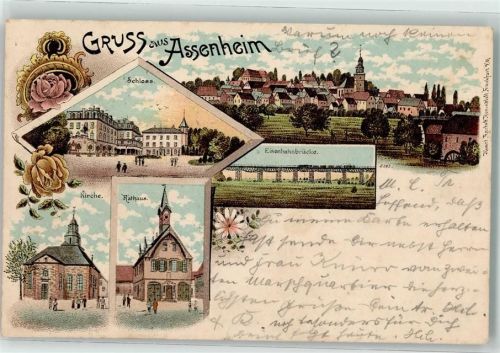 61130 W6361 Assenheim, Hess 1903 Lithographie Rosenknospen Schloß Eisenbahnbrücke Rathaus