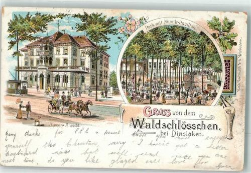 Dinslaken Gasthaus Waldschlößchen Gartenwirtschaft Lithographie