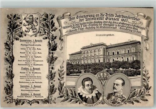 Gießen 1907 3. Jahrhundertfeier Universität Giessen 1907 Portraits Landgraf Ludwig V. und Großherzog Ernst Ludwig Festprogramm
