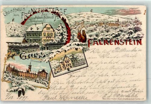 Falkenstein 1897 Villa Altkönig Heilanstalt Gasthaus zum Frankfurter-Hof Eichhörnchen Winterlithographie Erh. II