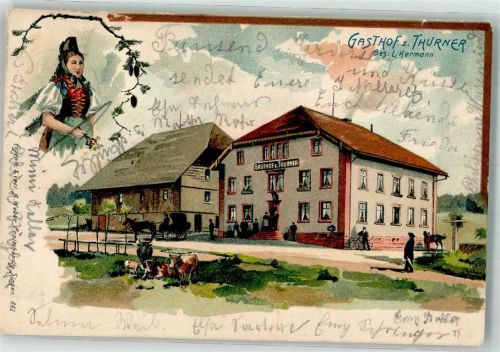 Breitnau Lithographie Bauerntracht Gasthaus zum Thurner Rinderweide