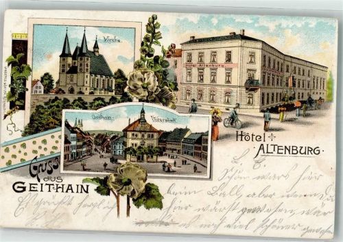 Geithain 1903 Lithographie Kirche Unterstadt Hotel Altenburg beschnitten