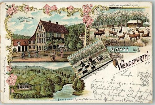 Wendefurth 1905 Hotel Grasshoff Wildlichtung Wildschweinrotte Lithographie