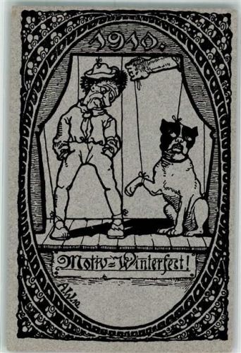 sign. A.W. Mürrischer Mann und Hund hängen an den Fäden im Marionettentheater Motiv-Winterfest Studentika Boxer 1910 Gebrauchsspuren