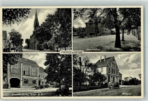 Crossen a.d. Oder 1938 Merzwiese Kirche Gasthaus Schwabe Auto Molkerei Gemeindehaus