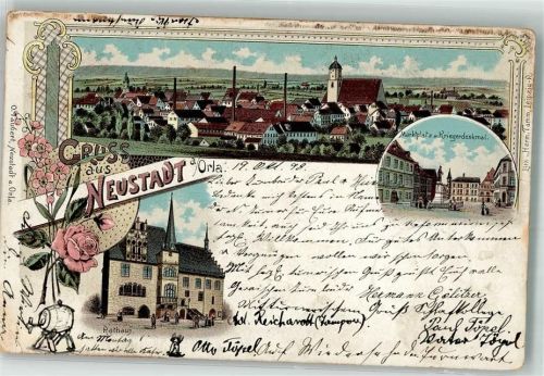 Neustadt 1898 Lithographie Rathaus Marktplatz Kriegerdenkmal Rose