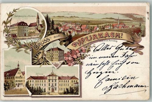 Bad Wurzach 1895 Lithographie Vorläufer Schloß Rathaus Hotel Rössle Kloster Maria Rosengarten Erh. II-Stauchungen