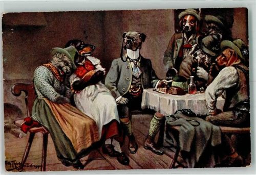1914 Der Salontiroler Hunde in Tracht am Wirtshaustisch Pfeife Dackel Tiere vermenschlicht
