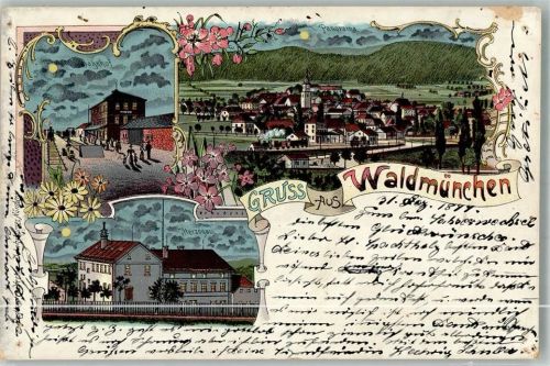 Waldmünchen 1899 Lithographie-Mondschein Bahnhof Herzogau