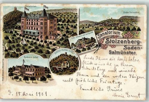 Bad Soden-Salmünster 1901 Sanatorium Stolzenberg Kurhaus Letztes Hutten-Schloß Villa Vitriarius Lithographie