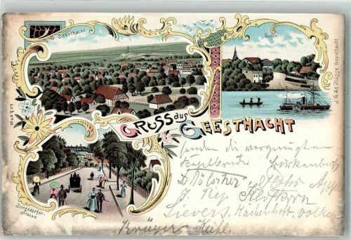 21502 W2054 Geesthacht 1898 Lithographie Bergedorferstraße Hafen Raddampfer