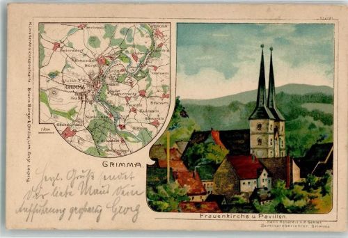 Grimma 1900 Frauenkirche Pavillon Landkarte Verlag Bruno Bürger