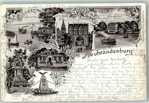 Neubrandenburg 1898 Fritz Reuter-Denkmal Brodaer Holz Tollense-See Stargarder-Tor
