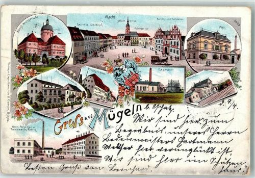 04769 O7263 Mügeln b Oschatz 1899 Lithographie Kgl. Amtsgericht Markt Gasthaus Zum Hirsch Stadtkirche Thüringer Hof Rathaus Ratskeller Post Bahnhof Gasanstalt Schützenhaus Schuhwaren Fabrik Ofen Porzellan- und Tonwaren- Fabrik