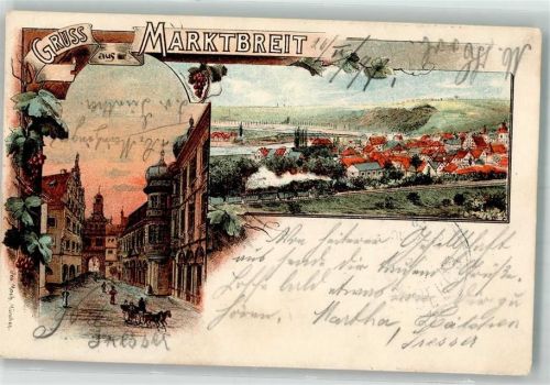 97340 W8713 Marktbreit 1897 Gebrauchsspuren Lithographie Stadttor Eisenbahn