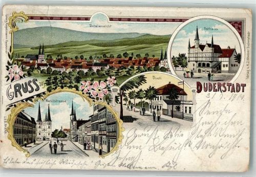 Duderstadt 1900 Lithographie Rathaus Marktstraße Etrablissement Tivoli