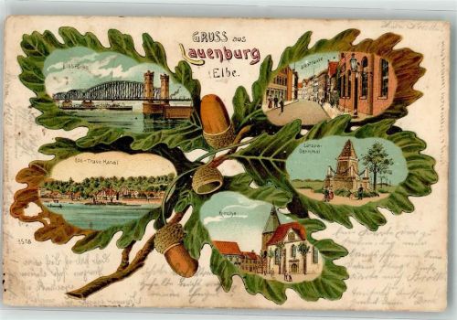 Lauenburg Lithographie Eichenblatt Elb-Trave-Kanal Lützow-Denkmal Elbbrücke Elbstraße