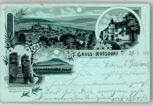 Roßdorf 1900 Lithographie Kriegerdenkmal Schloss Wenzel