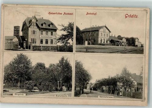 Gröditz 1908 Bahnhof Kaiserl. Postamt Konigslinde Bismarckeiche Bahnhofstraße Leim löst sich