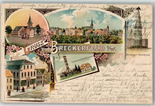 Breckerfeld 1905 Lithographie Kriegerdenkmal Hotel z. Post Hohenzollernturm