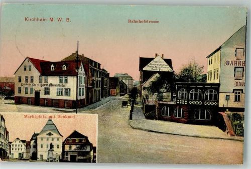 Kirchhain 1909 Bahnhofstraße Bahnhotel Konditorei Mumenthaler Marktplatz Denkmal