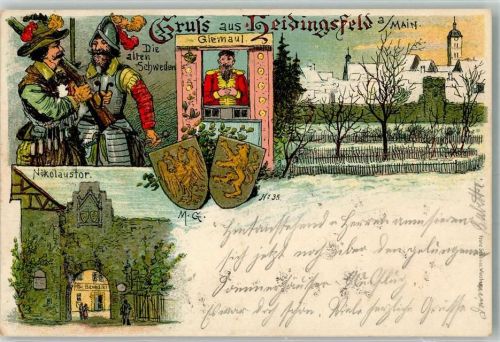 Heidingsfeld Lithographie Wappen "Die alten Schweden" Portrait Giemaul Nikolaustor Abschürfung