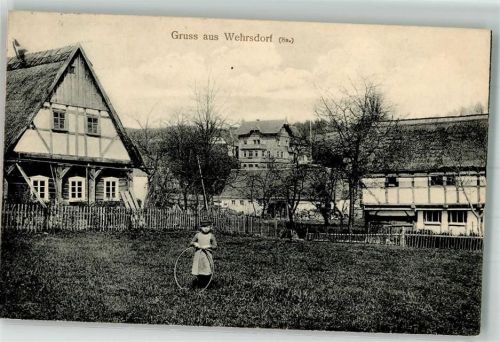 Wehrsdorf 1907 Bauernhaus Wiese Mädchen mit Hulo Hopp-Reifen