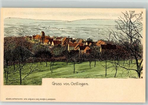 79576 W7858 Ötlingen Lithographie / Künstlerkarte Oetlingen signiert H. Daur