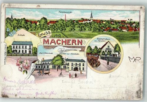 Machern Lithographie Geschäftshaus Förster Gasthaus zur Eisenbahn Schule Bahnpost Leipzig-Riesau