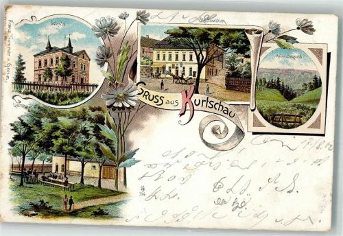 Greiz-Kurtschau 1902 Lithographie Schule Gasthaus Kurtschau Gartenwirtschaft Heinrichsgrund