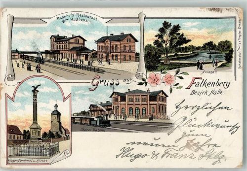 Falkenberg 1898 Lithographie Oberer Bahnhof Bahnhof-Gasthaus Kriegerdenkmal Anlagen