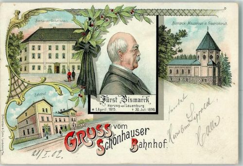 39524 O3520 Schönhausen Elbe 1902 Lithographie Fürst Bismarck Bismarck's Geburtdhaus Bismarck's Mausoleum Bahnhof