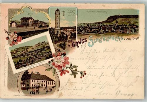 Scheibenberg 1898 Carola-Turm Gasthaus zum Feldschlößchen Eisenbahnbrücke Bahnhof