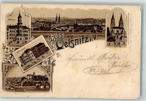 Oelsnitz 1897 WK II Lithographie Rathaus Neue Schule Voigtsberg Bahnpost Reichenbach-Eger Zug 215