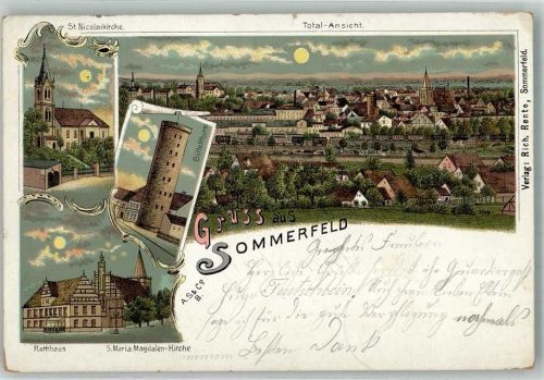 16766 O1421 Sommerfeld b Velten 1899 Lithographie / Mondschein Büttelturm Rathaus St. Magdalen-Kirche St. Nicolaikirche
