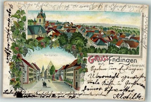 79346 W7833 Endingen am Kaiserstuhl 1907 Lithographie Marktplatz Kirche St. Peter