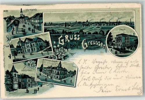 Greußen 1899 Kaiserl. Post Marktplatz Schützenhaus Gasthaus zum Prinzen Leopold Bahnpost Zug 505