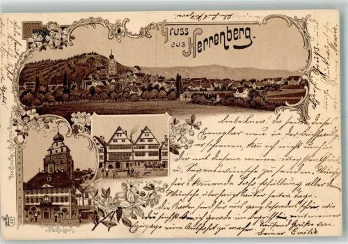 71083 W7033 Herrenberg im Gäu 1896 Lithographie Kornhaus Kirche Schlossberg Gasthaus zur Post Verlag Ottmar Zieher-München