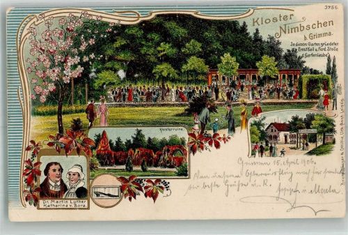 Grimma 1903 Lithographie Martin Luther und Katharina v. Bora Kloster Nimbschen Klosterruine